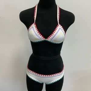 Crochet knit detail bikini set - white & multicolor stitch